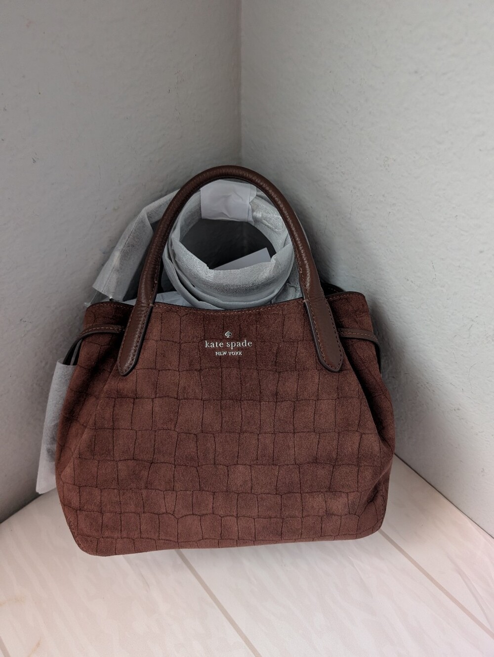 NWT Kate Spade KP879 Dumpling Suede Croc Satchel Bag In Chocolate Truffle